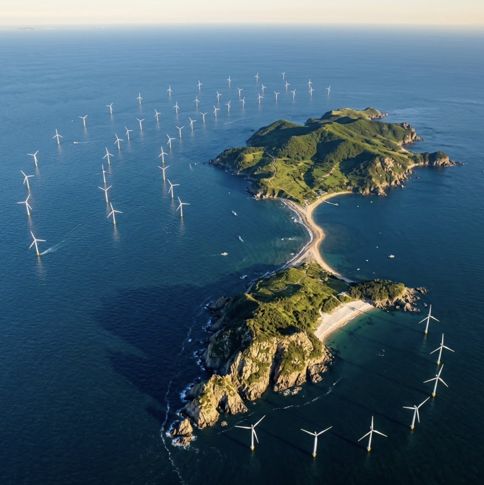 굴업도와 비슷한 형태의 섬에 해상풍력 단지가 들어선 시각 자료